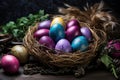 Colorful Easter Eggs in Handwoven Basket - Perfect for Spring Celebrations and Egg Hunts Royalty Free Stock Photo