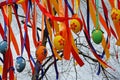 Colorful Easter eggs hanging on ribbons at the festival `Moscow spring` in Moscow