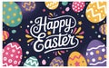Colorful Easter eggs with Happy Easter text on dark background Royalty Free Stock Photo