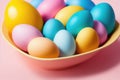 Colorful Easter eggs for holiday celebration, generative ai, pastelle color background