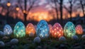 Colorful Easter eggs illuminated at sunset create festive atmosphere, surrounded by grass and smaller eggs, evoking joy Royalty Free Stock Photo