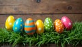 Colorful Easter eggs lined up on vibrant green grass Royalty Free Stock Photo