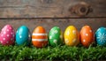 Colorful Easter eggs lined up on vibrant green grass Royalty Free Stock Photo
