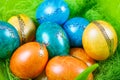 Colorful easter eggs in nest as traditional detail of Easter holiday .
