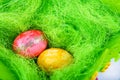 Colorful easter eggs in nest as traditional detail of Easter holiday .