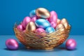 Colorful Easter eggs in the nest on a blue background. Royalty Free Stock Photo