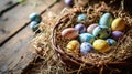 Colorful Easter Eggs in Nest. A bright assortment of colorful, patterned Easter eggs in a nest