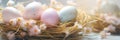Colorful Easter eggs in nest with soft bokeh and pink blossoms banner. Panoramic web header. Wide screen wallpaper