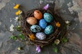 Colorful Easter eggs in nest and spring flowers on gray table top view. Royalty Free Stock Photo