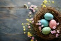 Colorful Easter eggs in nest and spring flowers on gray table top view. Royalty Free Stock Photo