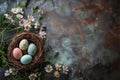 Colorful Easter eggs in nest and spring flowers on gray table top view. Royalty Free Stock Photo