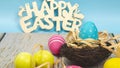 Colorful Easter eggs in the nest with text happy easter on white wooden background. Easter holiday concept Royalty Free Stock Photo