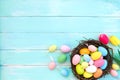 Colorful Easter eggs in nest with tulip flower on blue wooden background. Royalty Free Stock Photo