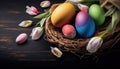 Colorful Easter eggs in a nest with tulips flowers and Feather on wooden black background. Generative AI Royalty Free Stock Photo