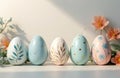 Colorful Easter eggs on neutral background. Five decorated eggs with floral patterns. Light blue, white and pink eggs with gold Royalty Free Stock Photo