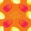 Colorful Easter eggs on a orange background. Seamless patterns. Watercolor