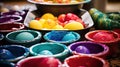 Colorful Easter eggs and paint bowls on a table, symbolizing holiday preparations and crafts