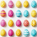 Colorful Easter Eggs with Patterned Designs in Grid Layout Royalty Free Stock Photo