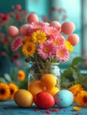 Colorful easter eggs and pink flowers in glass jar on blue wooden background. A bunch of colored eggs in glasses Royalty Free Stock Photo