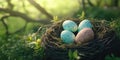 Colorful Easter Eggs Resting in a Grass Nest, Vibrant Easter Nest Filled with Decorative Eggs Royalty Free Stock Photo