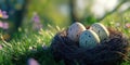 Colorful Easter Eggs Resting in a Grass Nest, Vibrant Easter Nest Filled with Decorative Eggs Royalty Free Stock Photo