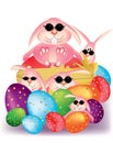 Colorful Easter eggs with ribbon and smart bunny r