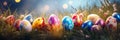 Colorful Easter eggs in a row, decorated with spring flowers and long grass, with bright green bokeh background Royalty Free Stock Photo