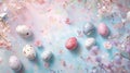 Colorful Easter eggs scattered across a soft pastel backdrop with delicate floral patterns for spring celebration Royalty Free Stock Photo