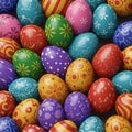 Colorful Easter eggs are scattered in a vibrant arrangement. Each egg is uniquely Royalty Free Stock Photo