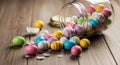Colorful Easter eggs spilling from a glass jar onto a rustic wooden table Royalty Free Stock Photo