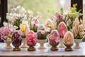 Colorful Easter eggs with spring flowers on wooden table in front of window Royalty Free Stock Photo