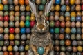 Colorful Easter eggs surround a rabbit holding a unique speckled egg in a festive setting during springtime Royalty Free Stock Photo