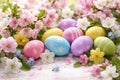 Colorful Easter Eggs Surrounded By Spring Blossoms On Soft Background Royalty Free Stock Photo