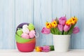 Colorful easter eggs and tulips Royalty Free Stock Photo