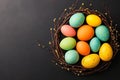 Colorful Easter eggs in a twig nest. Illustration on black background. Concept of Easter celebration Royalty Free Stock Photo