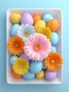 Colorful Easter eggs and vibrant gerbera daisies arranged in a white rectangular dish on a light blue background, creating a Royalty Free Stock Photo