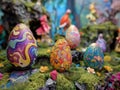 Colorful Easter eggs in a whimsical forest setting