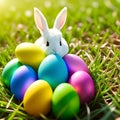 Colorful easter eggs and white easter bunny on green grass background with copyspace. Generative AI Royalty Free Stock Photo