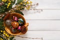 Colorful easter eggs on white wood background Royalty Free Stock Photo