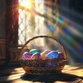 Colorful Easter eggs in a wicker basket, illuminated by sunlight from a window in the church