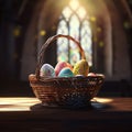 Colorful Easter eggs in a wicker basket, illuminated by sunlight from a window in the church