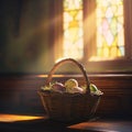 Colorful Easter eggs in a wicker basket, illuminated by sunlight from a window in the church