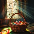 Colorful Easter eggs in a wicker basket, illuminated by sunlight from a window in the church