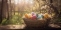 Colorful Easter eggs in wicker basket stand on wooden table in the rays of sun on a background of blurred nature, colored eggs