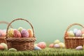 Colorful Easter Eggs in Wicker Baskets on Grass With Blurred Background During Springtime Royalty Free Stock Photo