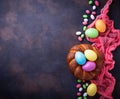 Colorful Easter eggs and wicker bread Royalty Free Stock Photo