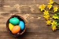 Colorful easter eggs in wood bucket with yellow narcissus Royalty Free Stock Photo