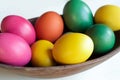 Colorful easter eggs in wooden bowl