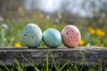 Colorful easter eggs on a wooden table with spring landscape background celebrate easter joyfully Royalty Free Stock Photo