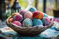 Colorful Easter Eggs in a Woven Basket - Festive Spring Celebrations and Decorations Royalty Free Stock Photo